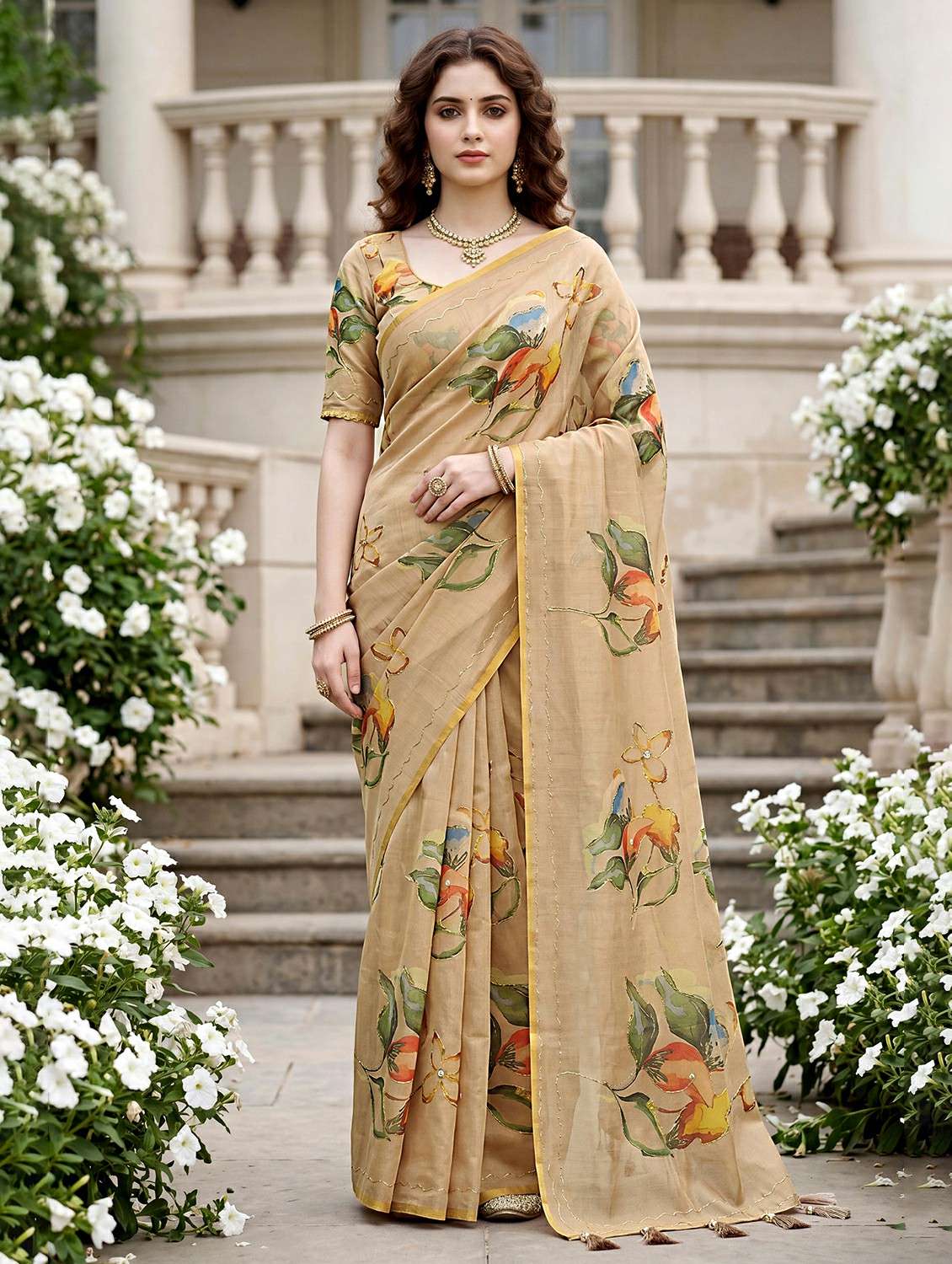 women floral printed saree with blouse
