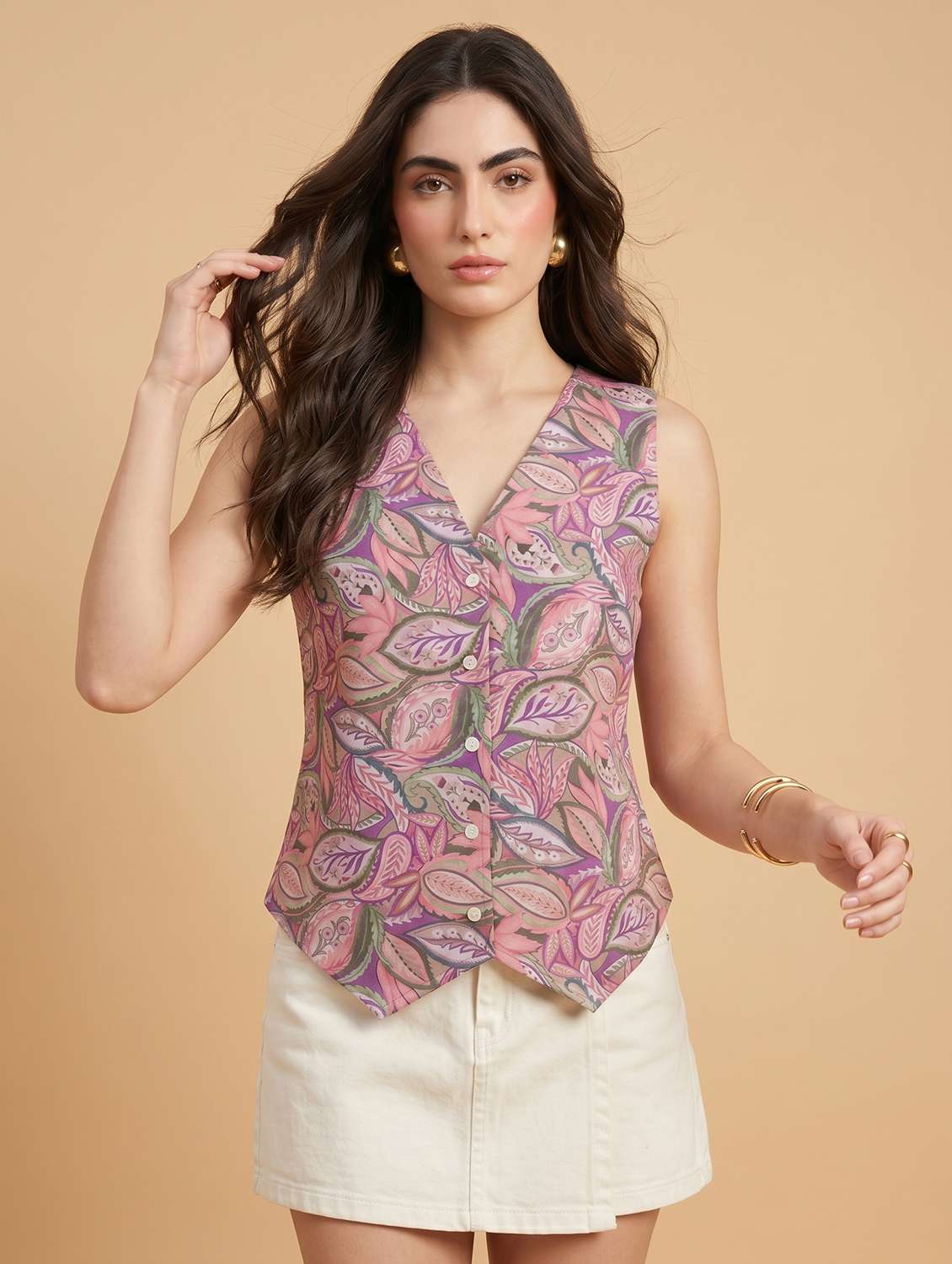 women printed sleeveless regular fit vest top - 22498667 -  Standard Image - 2