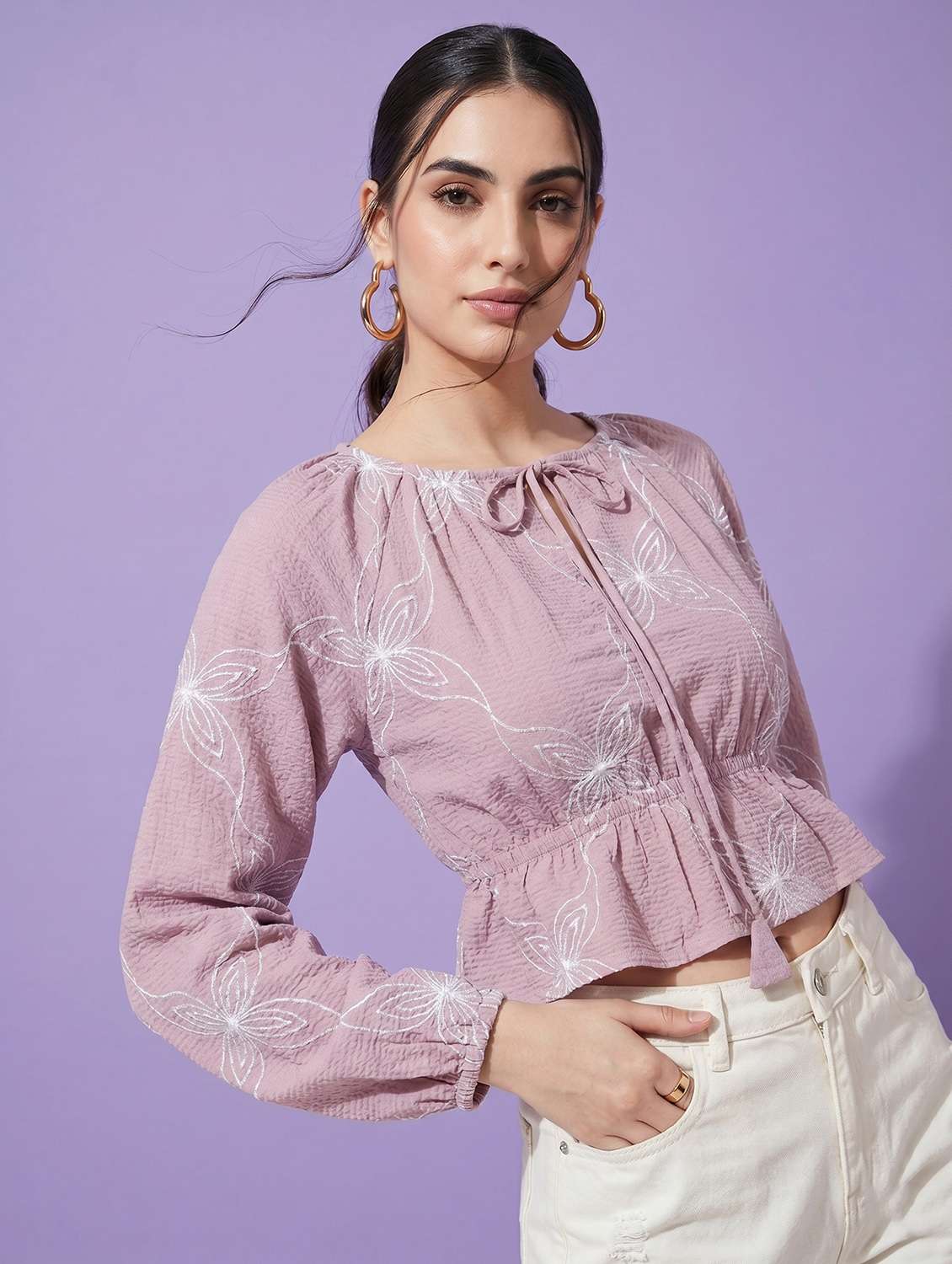 women embroidered long sleeves peplum top - 22498677 -  Standard Image - 2