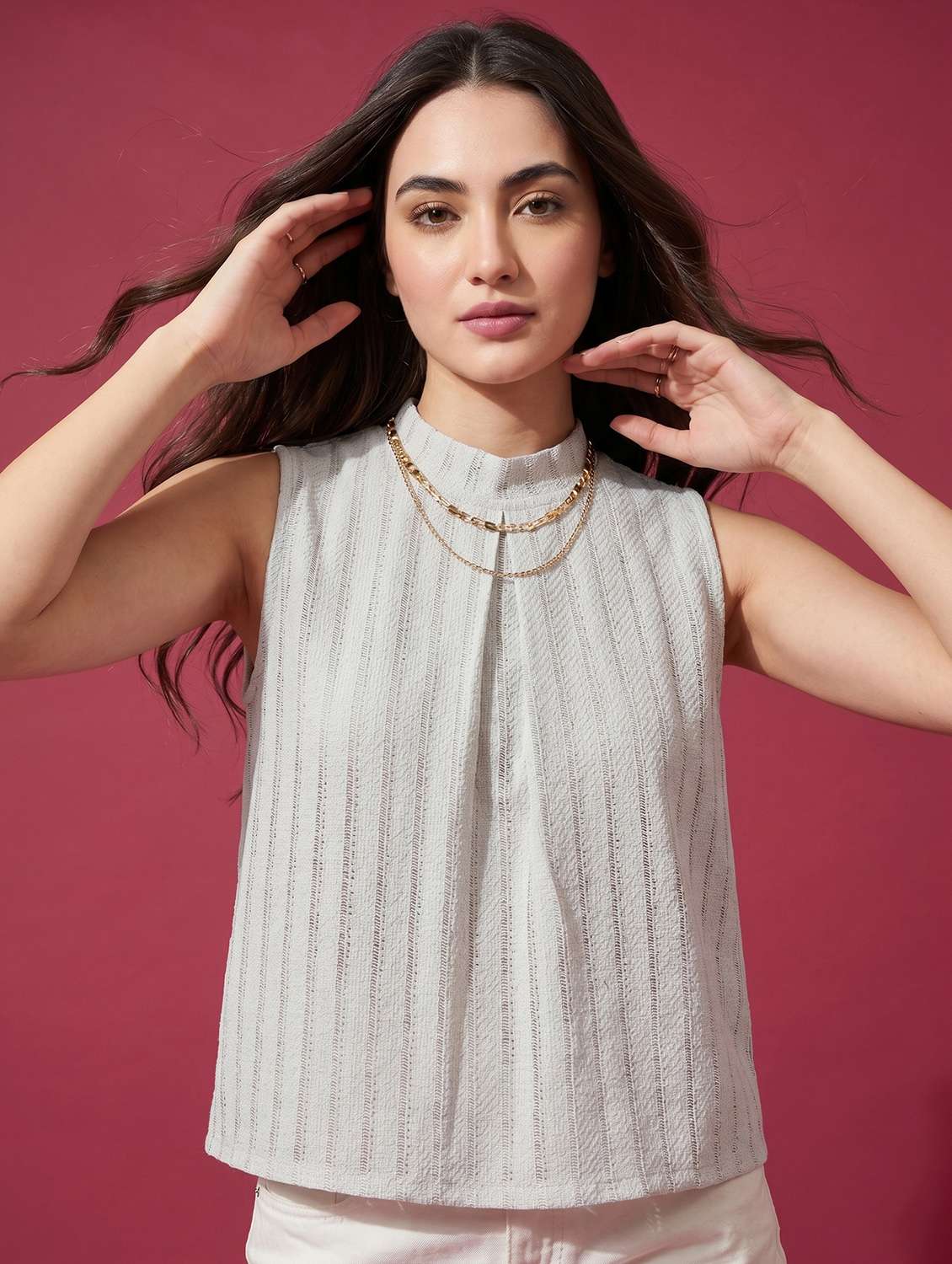 women self design sleeveless mock neck top - 22498686 -  Standard Image - 2