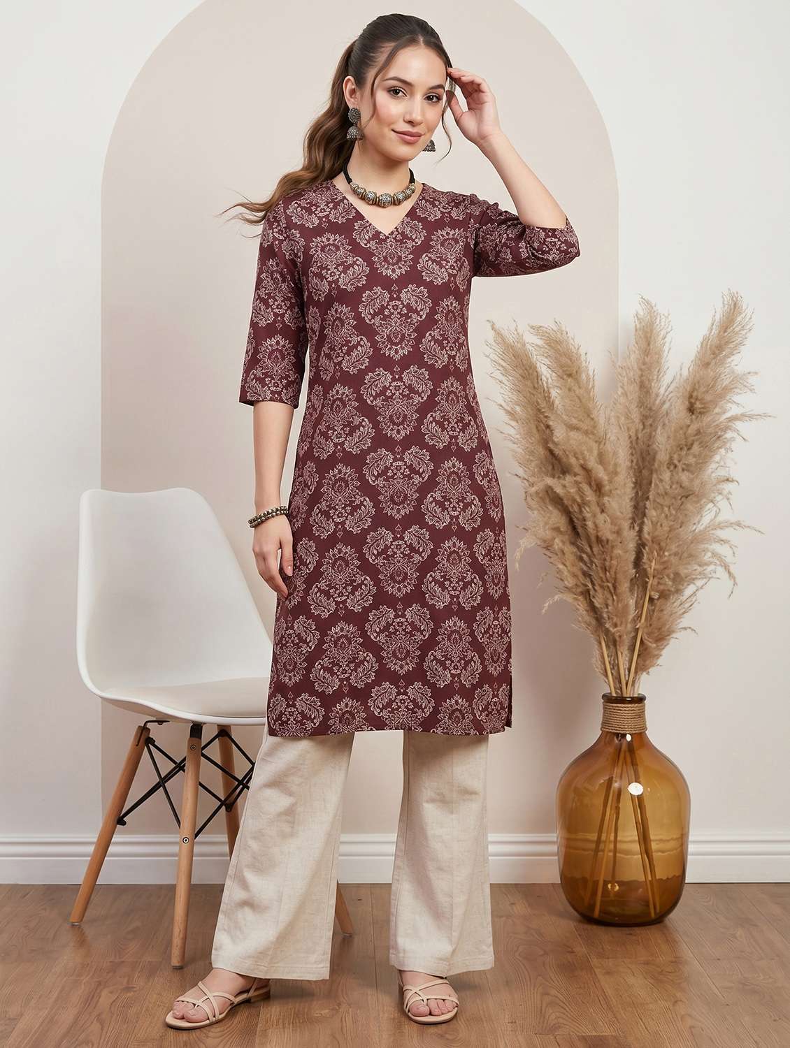 women printed three quarter sleeve straight kurta