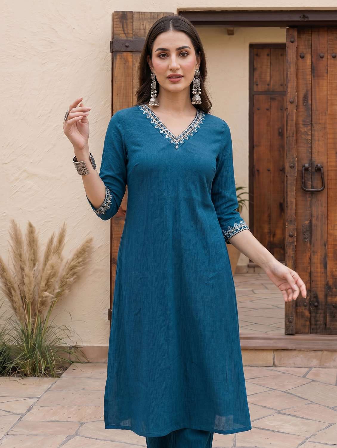 women solid three quarter sleeve kurta pant set - 22498720 -  Standard Image - 2