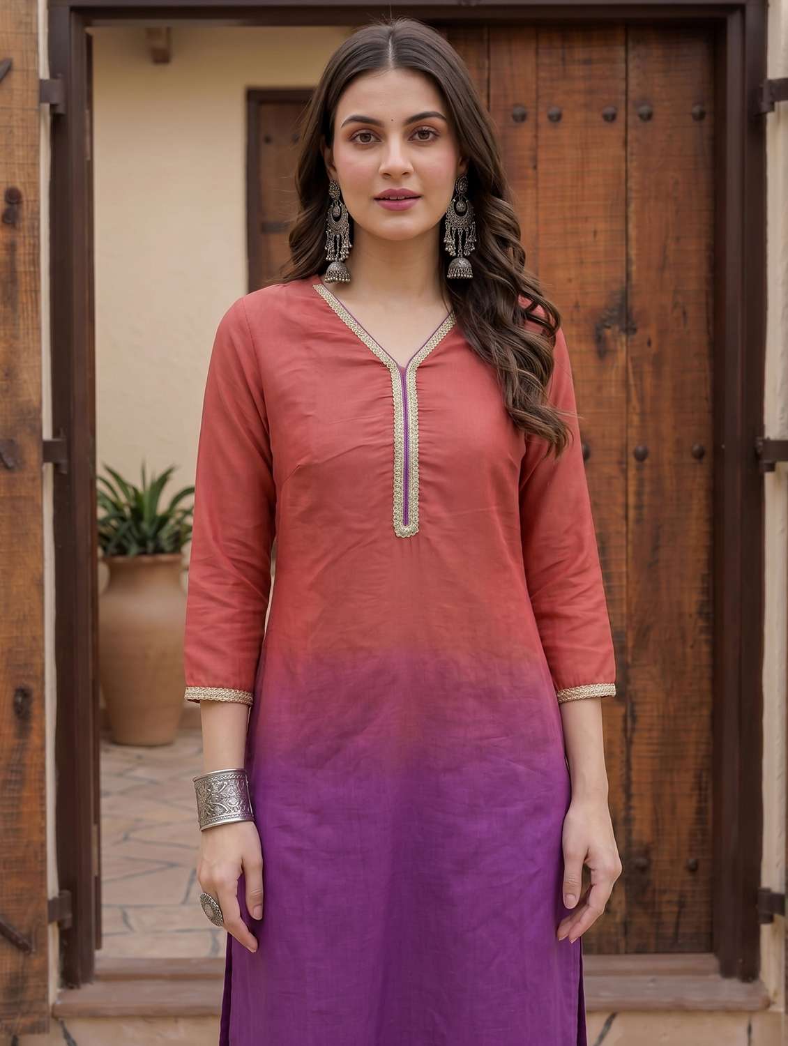 women ombre three quarter sleeve kurta pant set - 22498721 -  Standard Image - 2