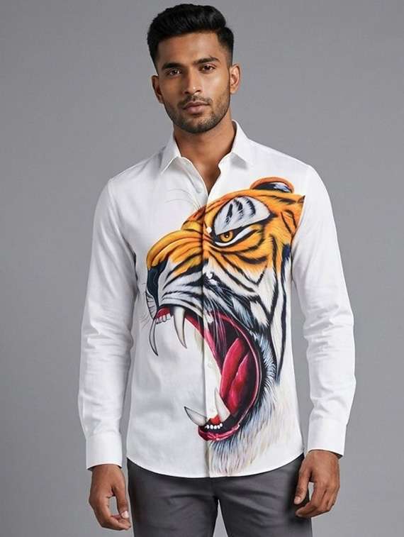 men graphic long sleeve regular fit casual shirt