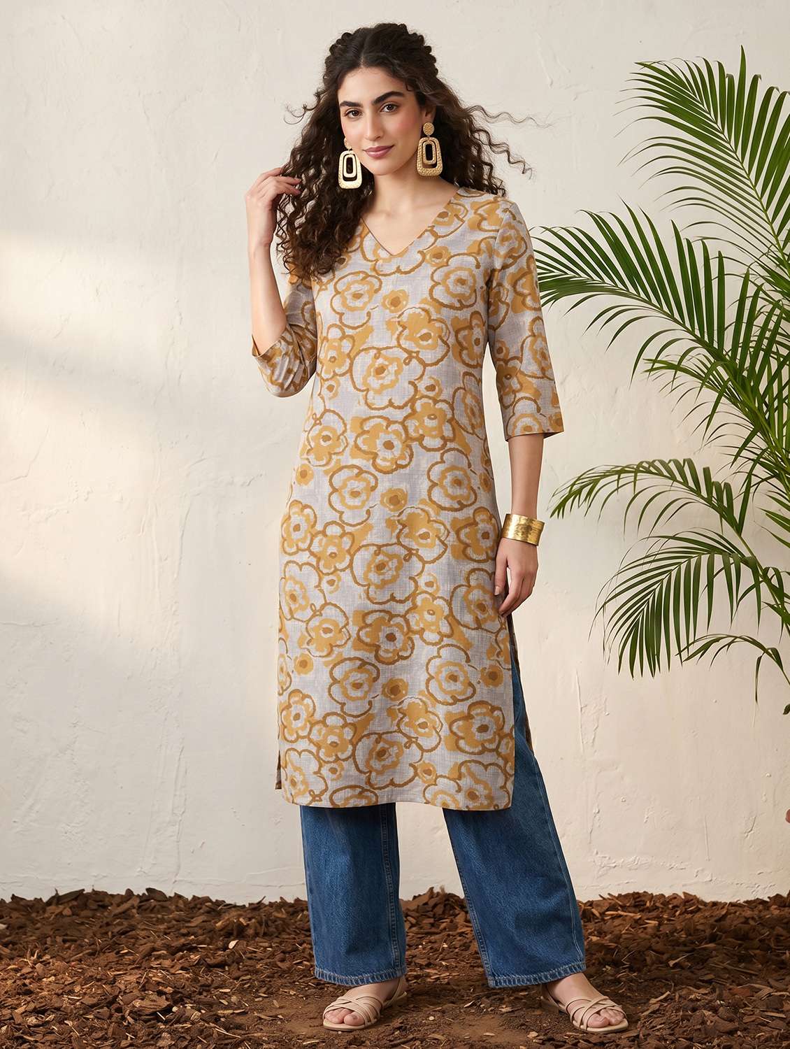 women printed three quarter sleeve straight kurta - 22499085 -  Standard Image - 2