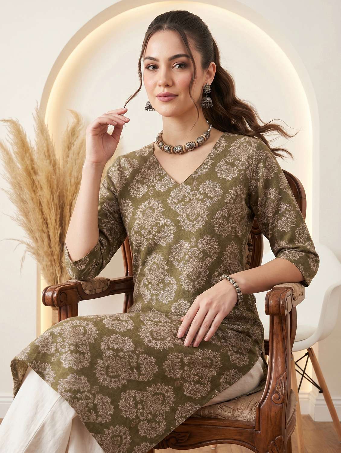 women printed three quarter sleeve straight kurta