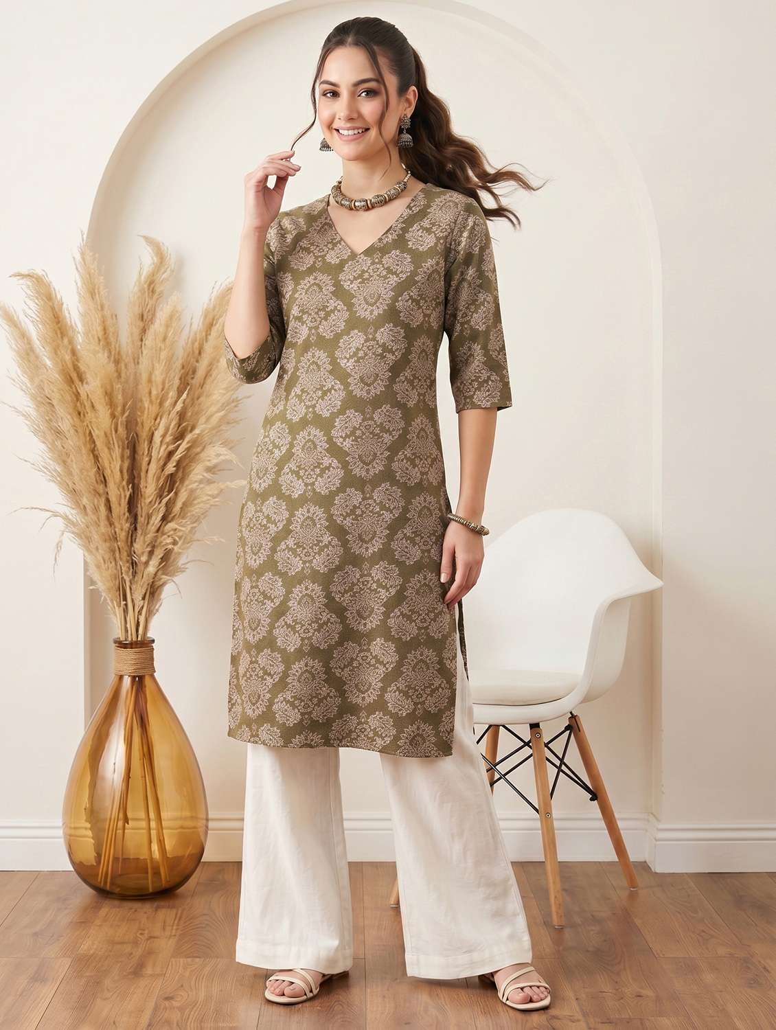 women printed three quarter sleeve straight kurta - 22499086 -  Standard Image - 2