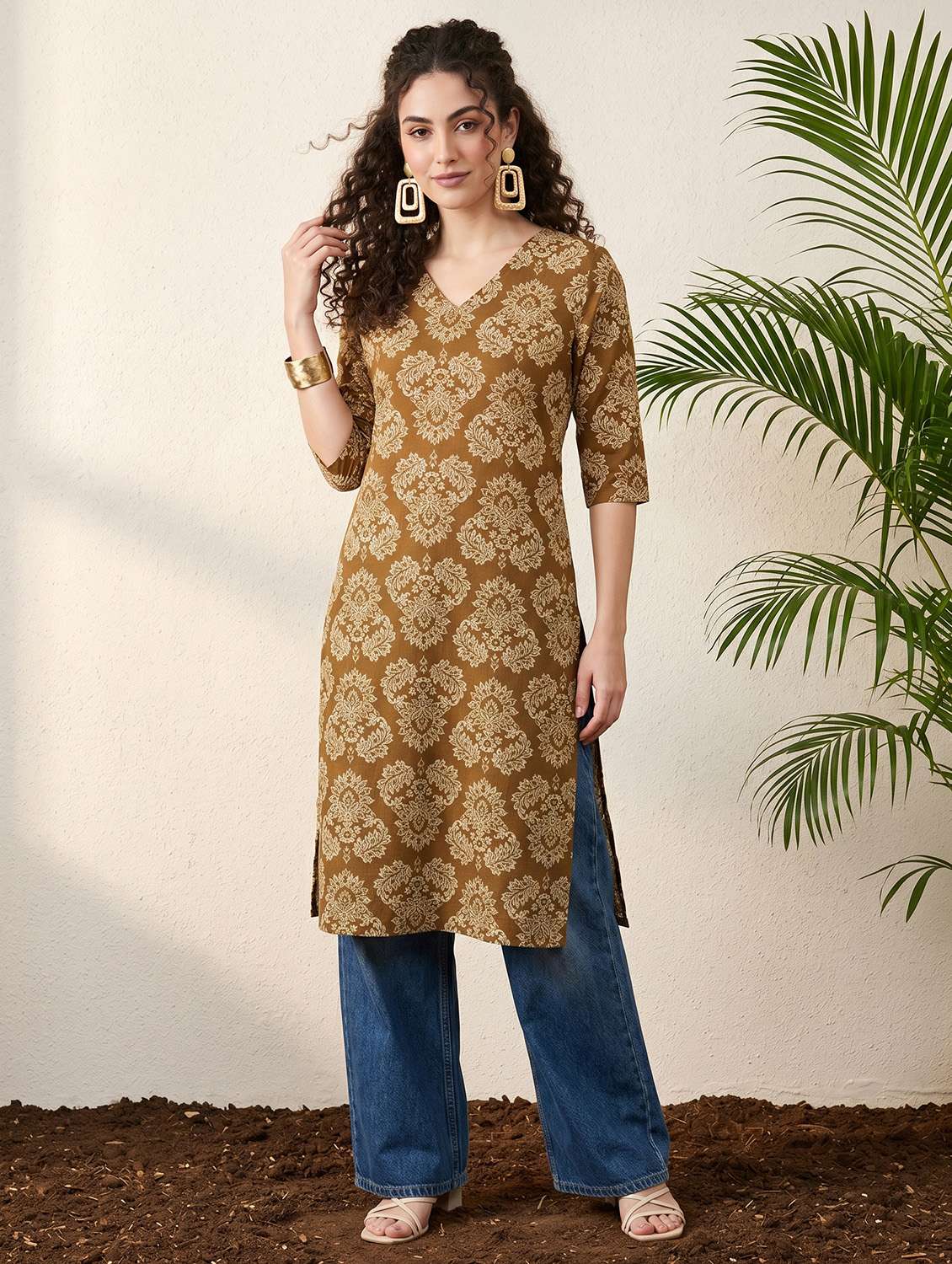women printed three quarter sleeve straight kurta - 22499087 -  Standard Image - 2