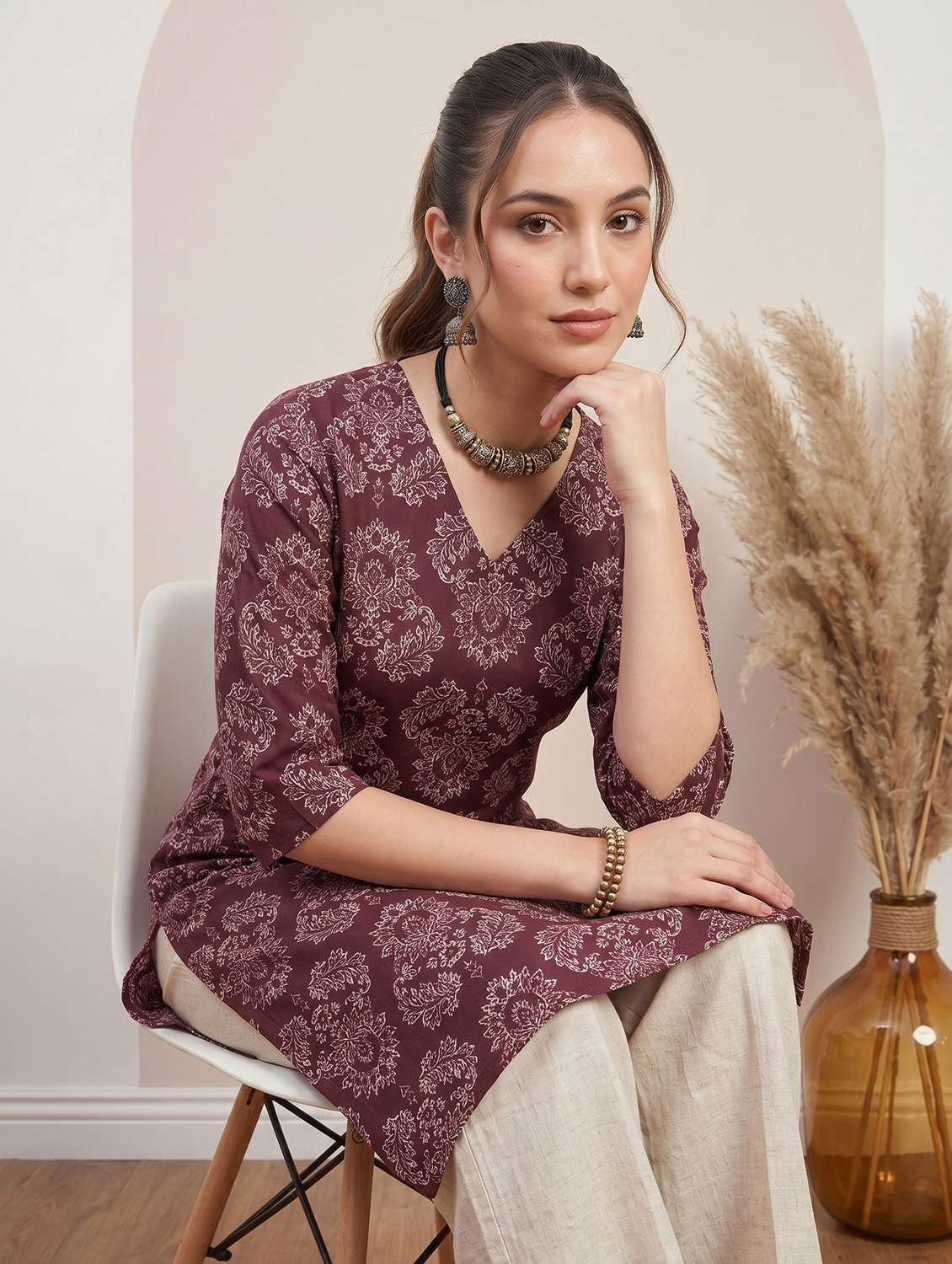 women printed three quarter sleeve straight kurta