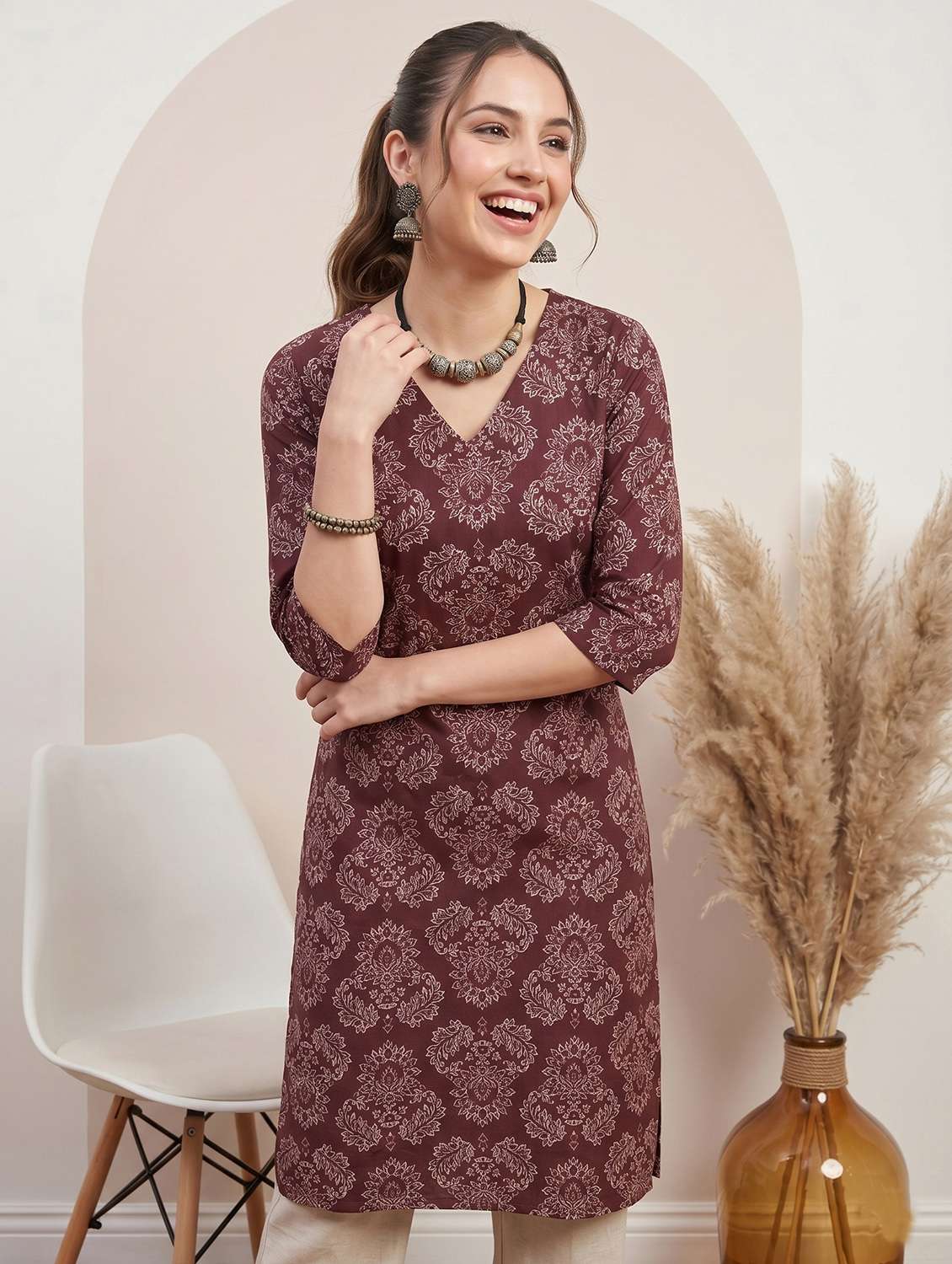 women printed three quarter sleeve straight kurta - 22499088 -  Standard Image - 2