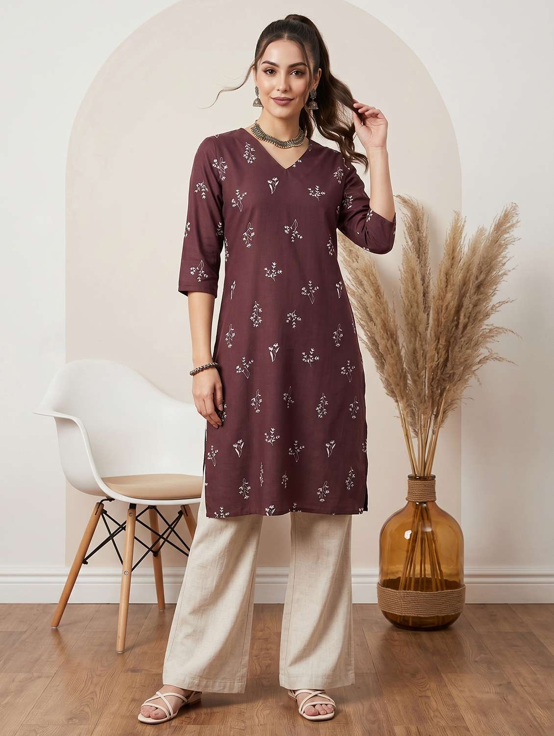 women printed three quarter sleeve straight kurta - 22499089 -  Standard Image - 2