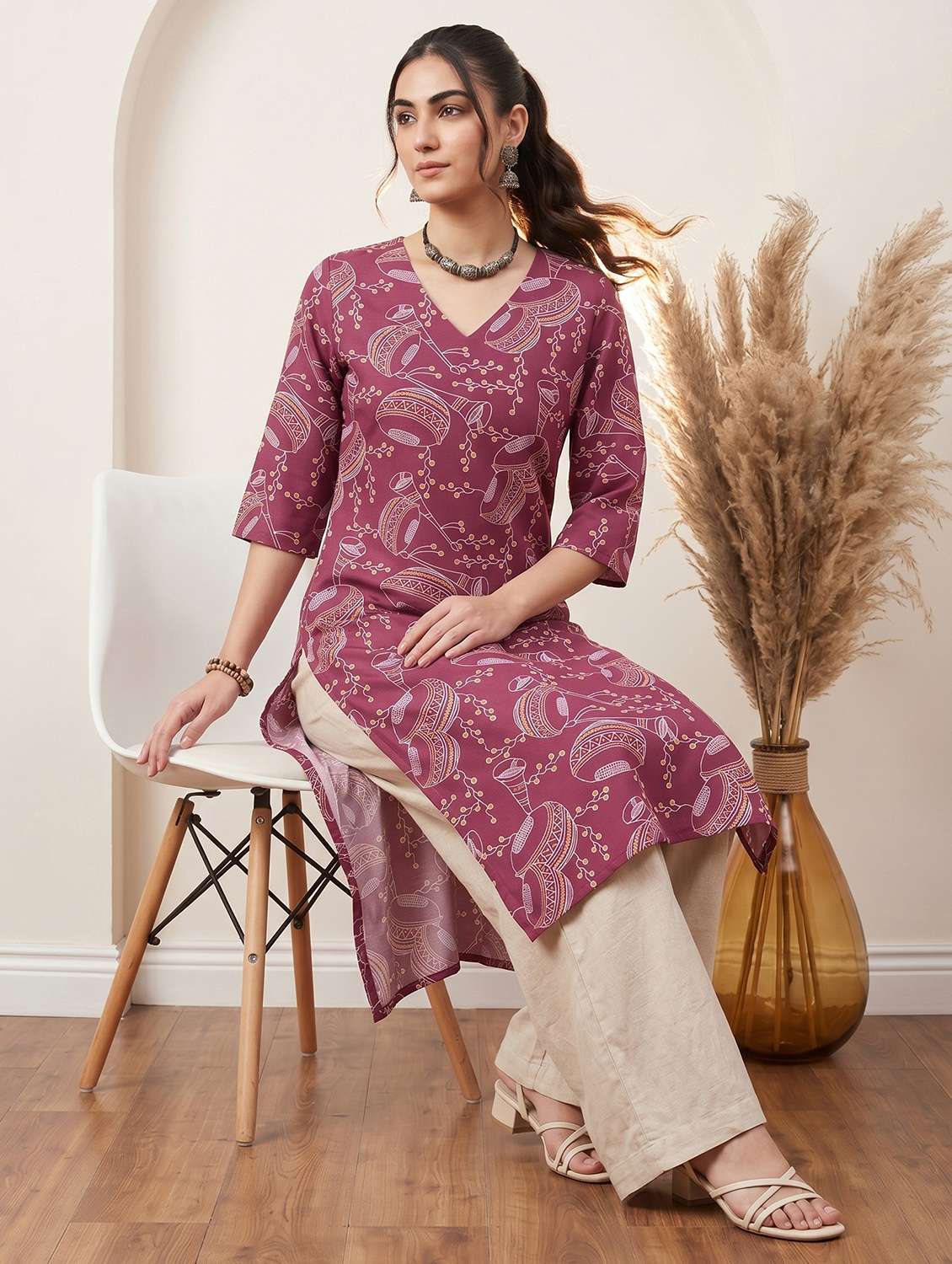 women printed three quarter sleeve straight kurta