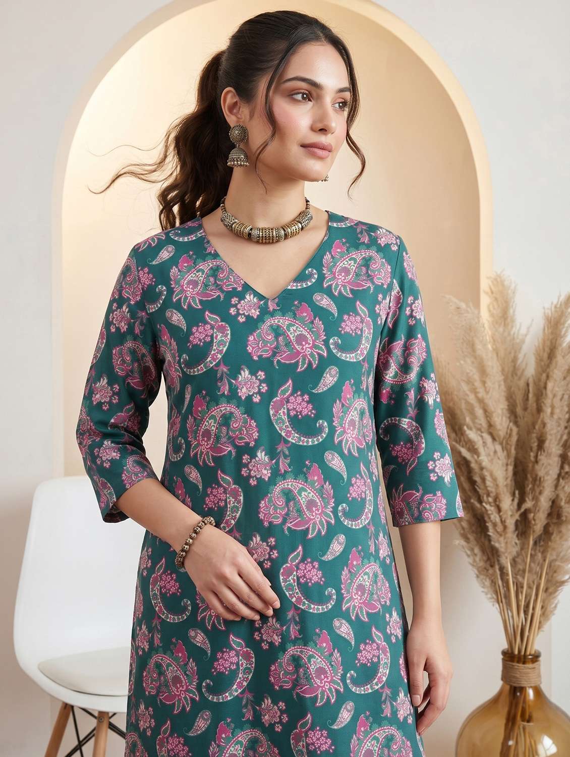 women printed three quarter sleeve straight kurta - 22499095 -  Standard Image - 2