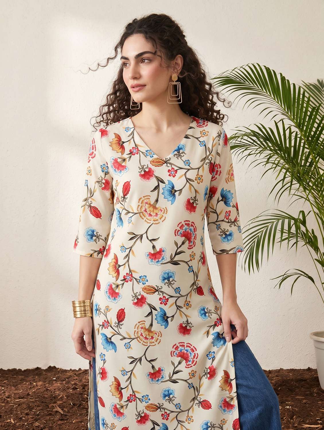 women printed three quarter sleeve straight kurta - 22499096 -  Standard Image - 2