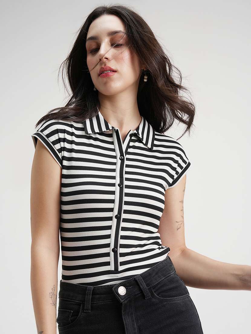 women striped printed short sleeves bodysuit