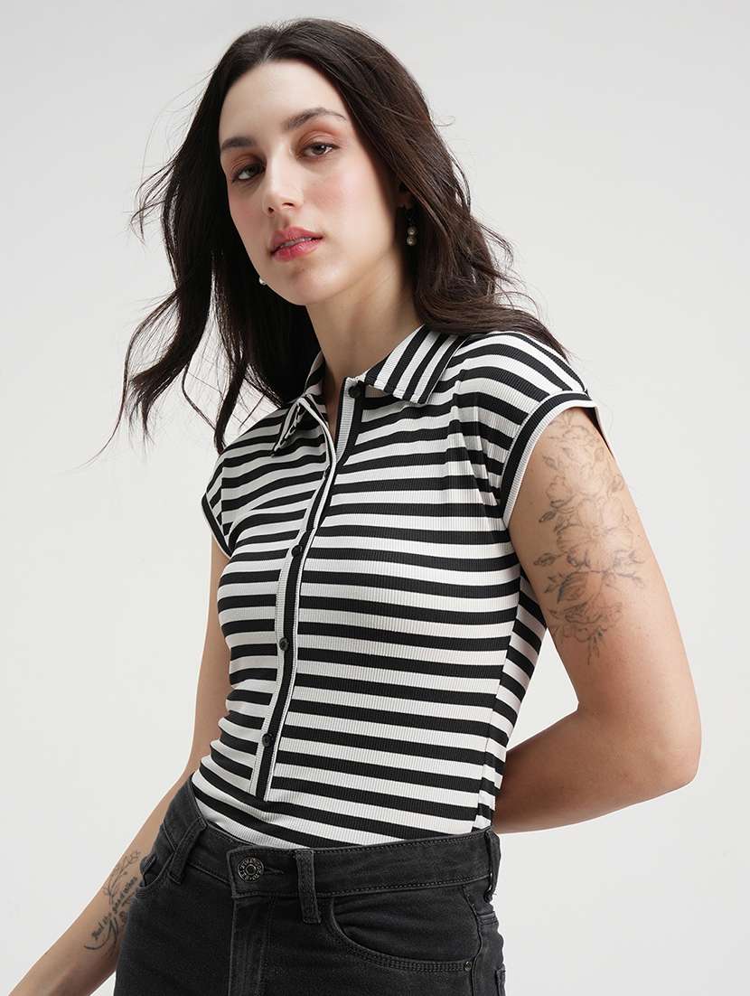 Women Striped Printed Short Sleeves Bodysuit - 22499129 -  Standard Image - 2