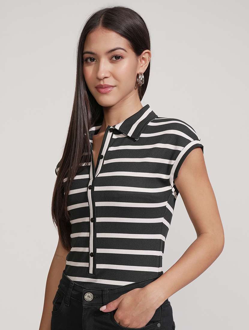 women striped printed collared bodysuit - 22499130 -  Standard Image - 2