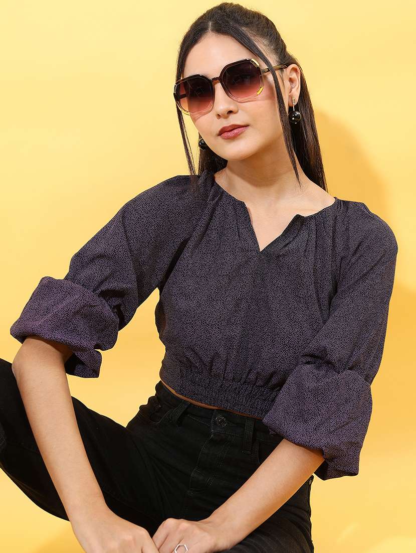 black self design three quarter sleeve top - 22499134 -  Standard Image - 2