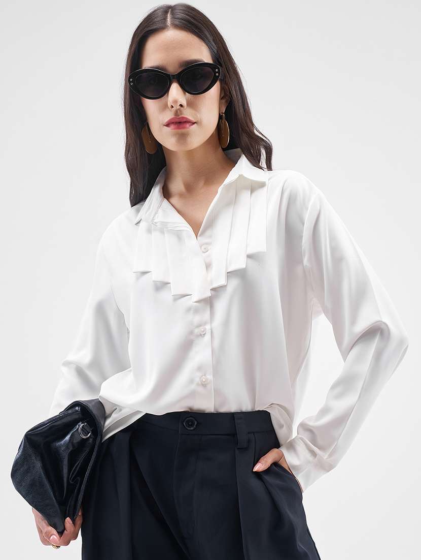 women solid pleated collared regular shirt