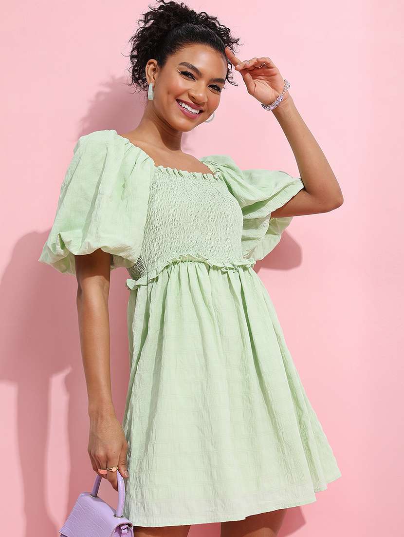 women solid puff sleeves fit and flare mini dress - 22499182 -  Standard Image - 2