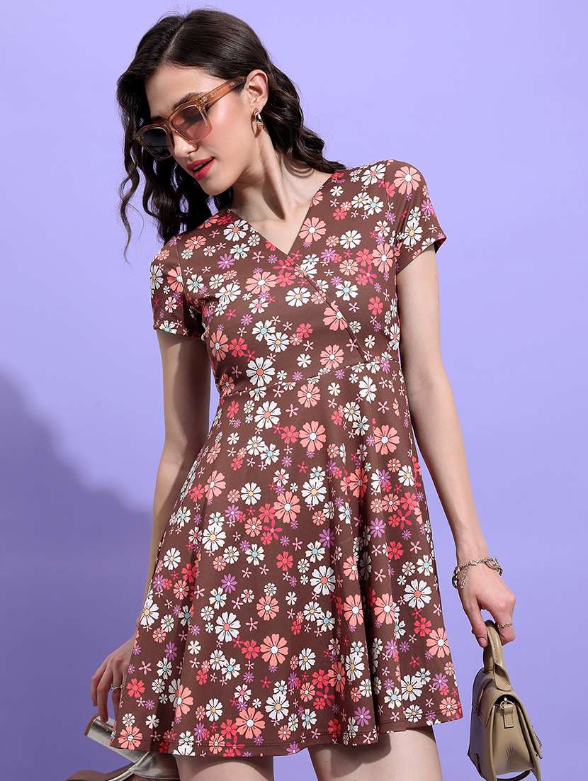 women floral printed v neck fit and flare dress - 22499191 -  Standard Image - 2