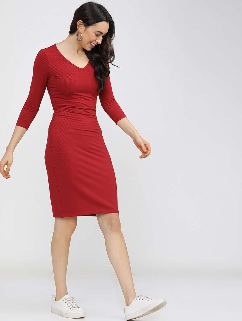 women solid v neck bodycon dress - 22499193 -  Standard Image - 2