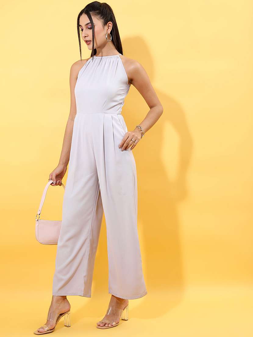 women solid sleeveless halter neck jumpsuit
