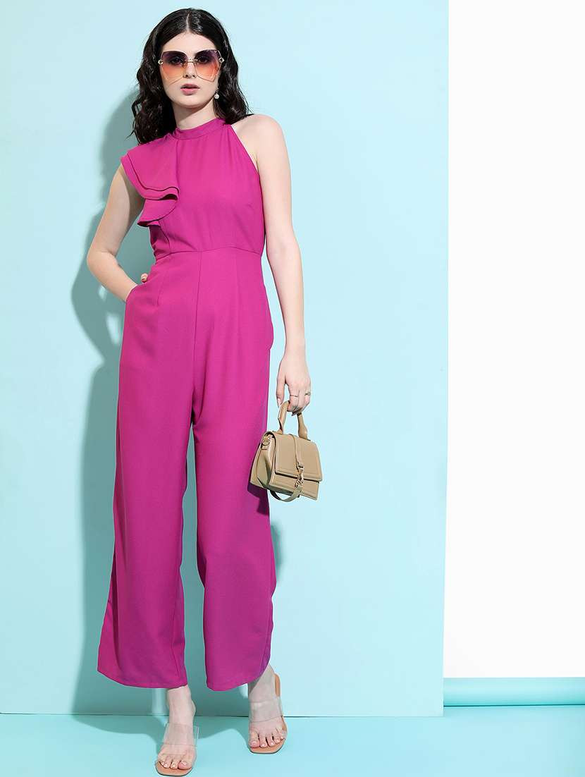 women solid sleeveless ruffle full leg jumpsuit