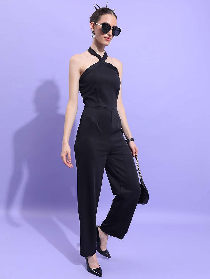 women solid sleeveless halter neck jumpsuit