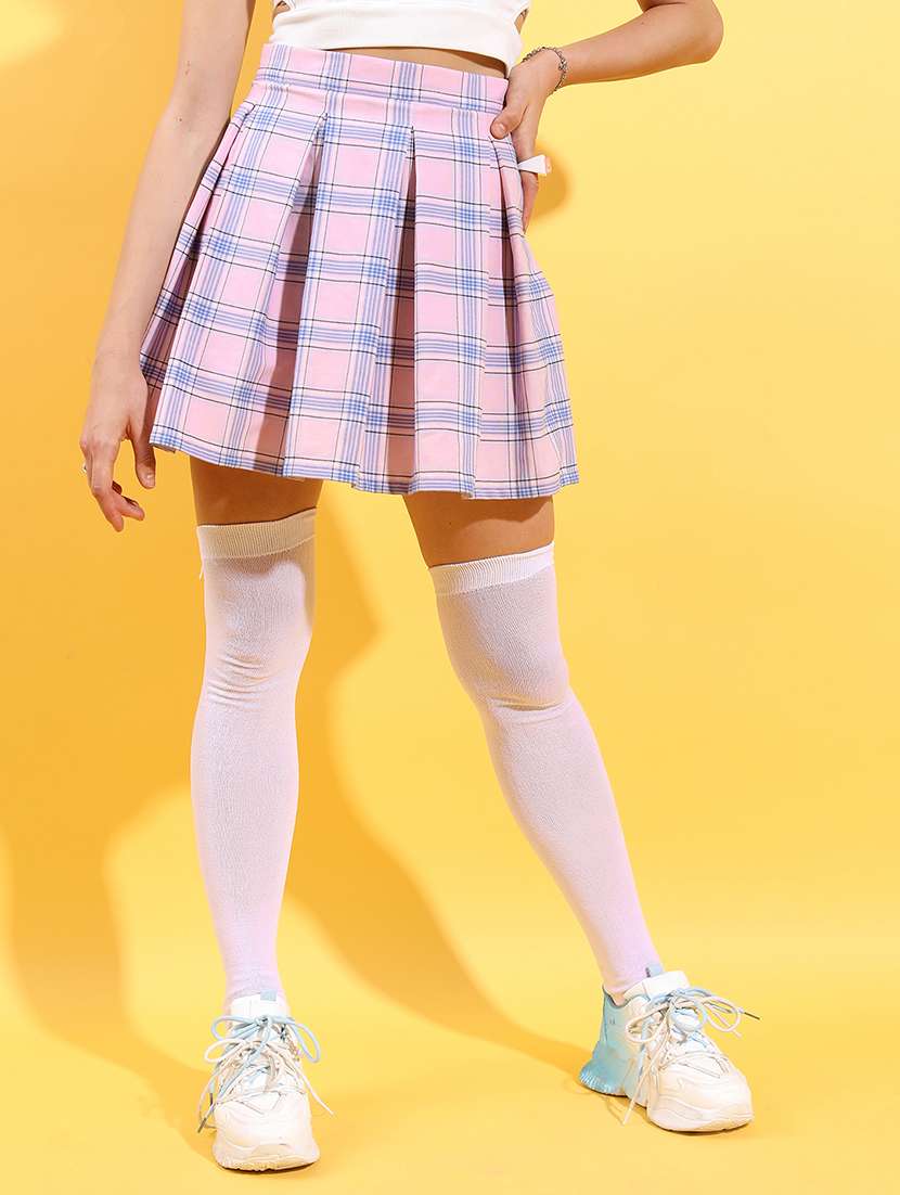 women checkered mid rise pleated skirt