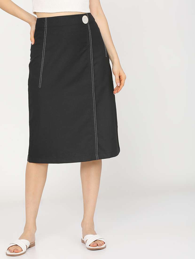 women solid mid rise a-line midi skirt