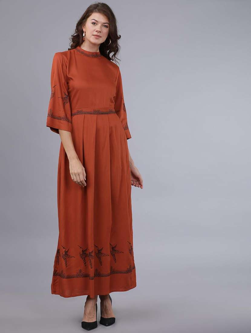 women printed mock neck a-line maxi dress