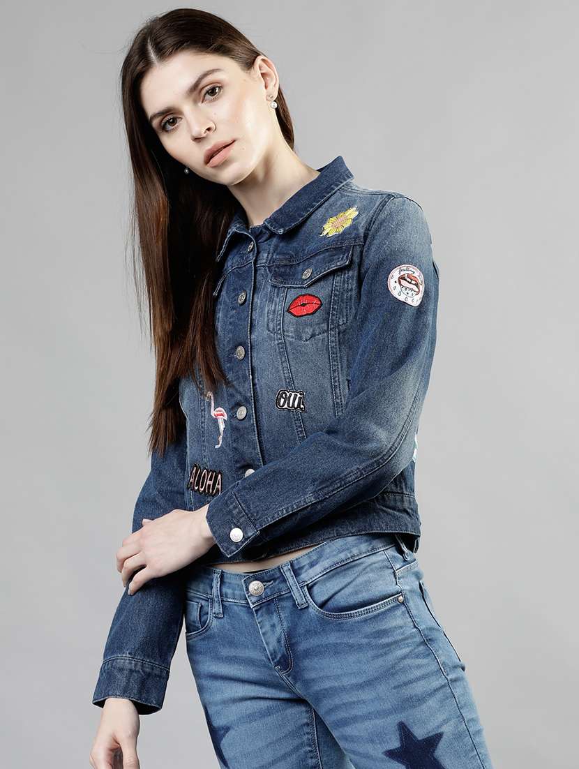 women solid with patchwork long sleeves denim shirt - 22499344 -  Standard Image - 2