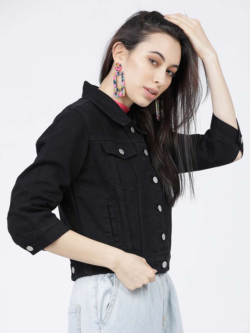 women solid three quarter sleeves denim jacket - 22499345 -  Standard Image - 2