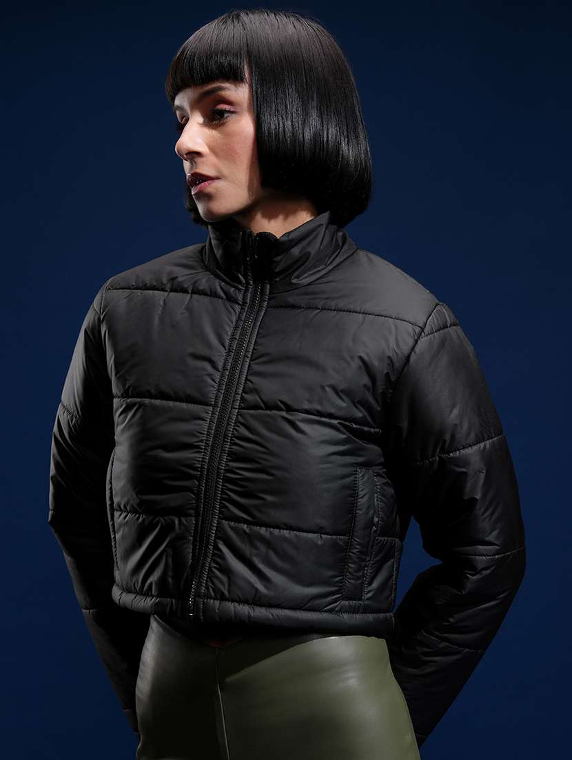 women solid long sleeves crop puffer jacket - 22499346 -  Standard Image - 2