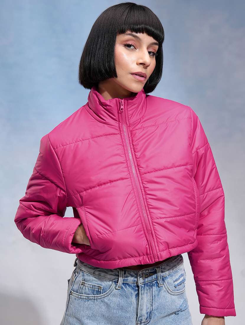 women solid long sleeves crop puffer jacket - 22499347 -  Standard Image - 2