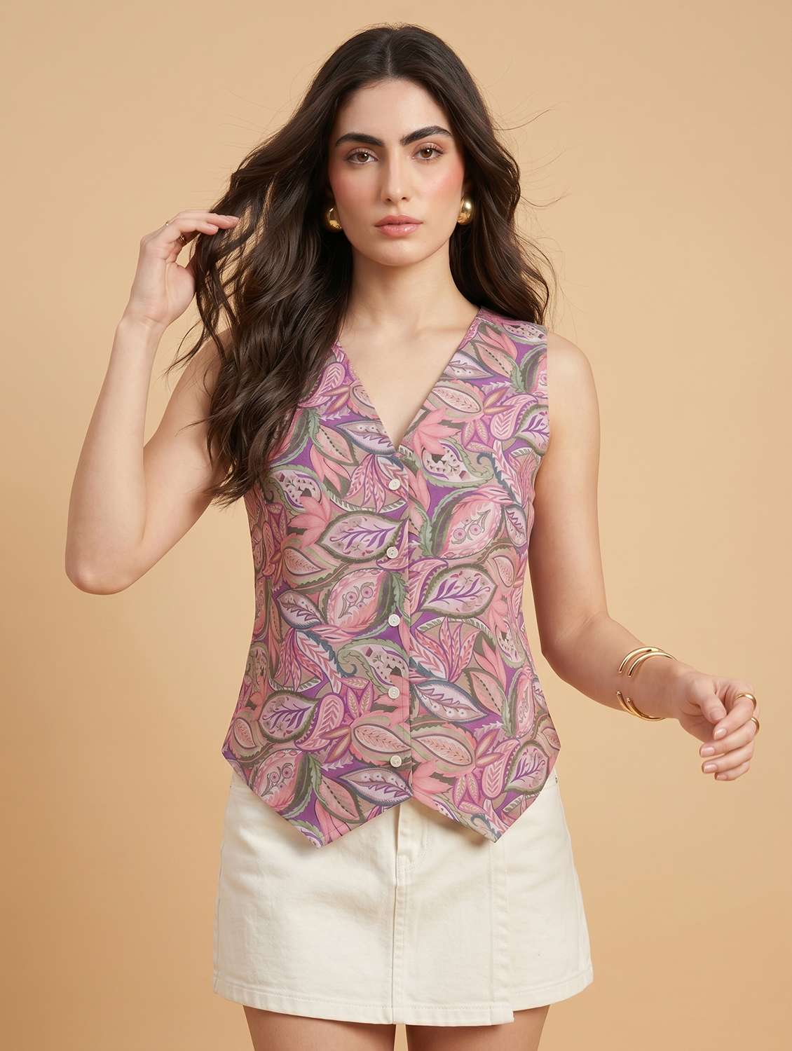 women printed sleeveless regular fit vest top - 22499424 -  Standard Image - 2