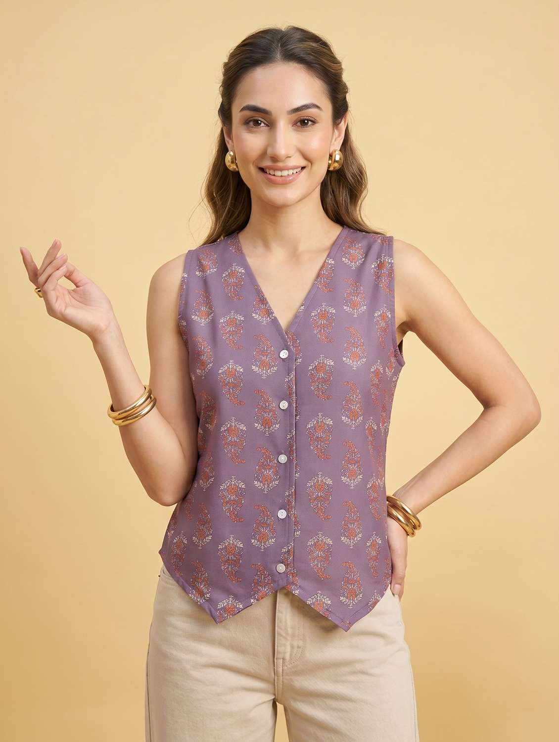 women printed sleeveless regular fit vest top - 22499425 -  Standard Image - 2