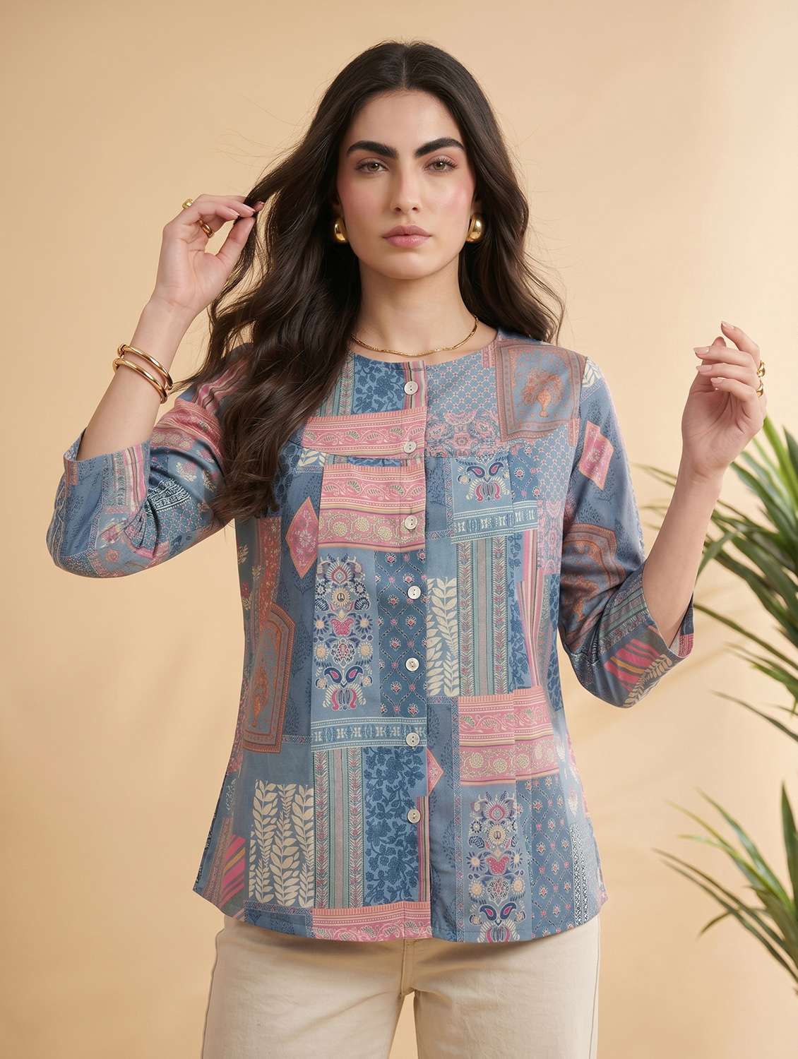 women printed three quarter sleeve ethnic top - 22499427 -  Standard Image - 2