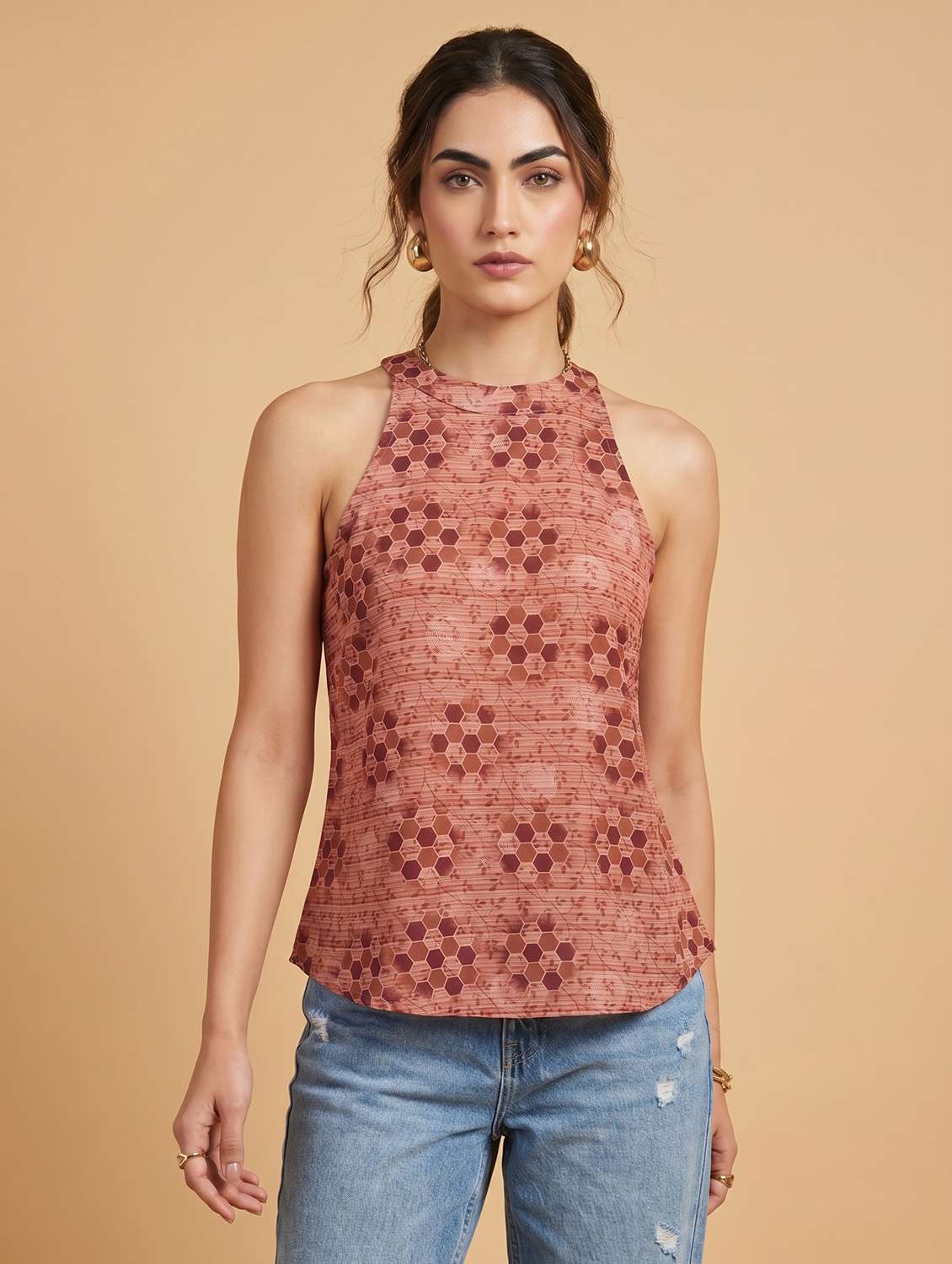 women printed sleeveless ethnic top