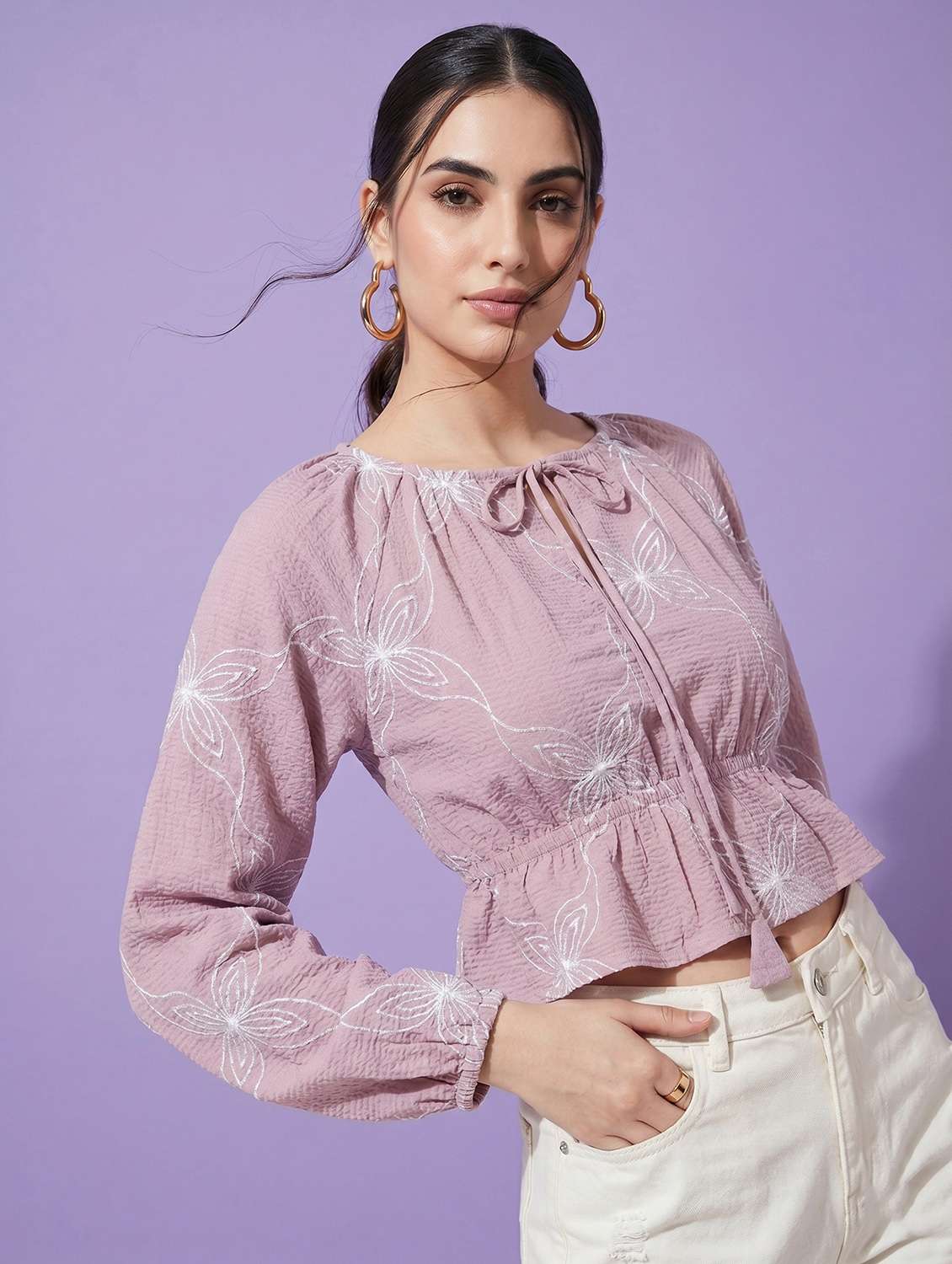 women self design long sleeve crop top - 22499434 -  Standard Image - 2