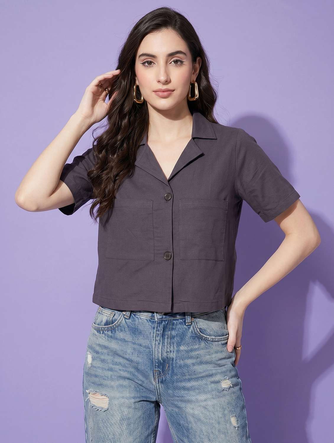 women solid short sleeve shirt top - 22499437 -  Standard Image - 2