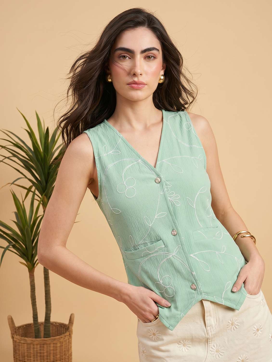 women embroidered v neck vest top