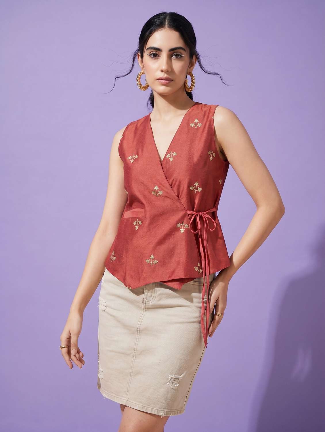 women solid with work sleeveless regular fit wrap top - 22499449 -  Standard Image - 2
