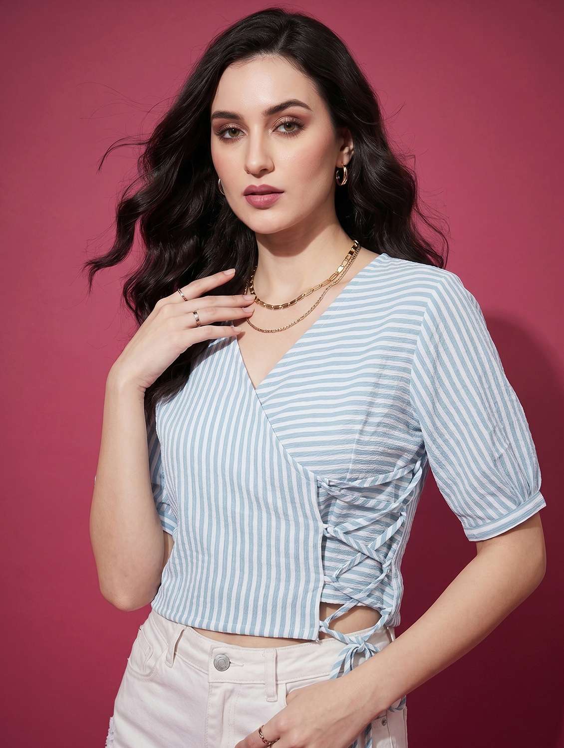 women striped puff sleeve crop top - 22499450 -  Standard Image - 2