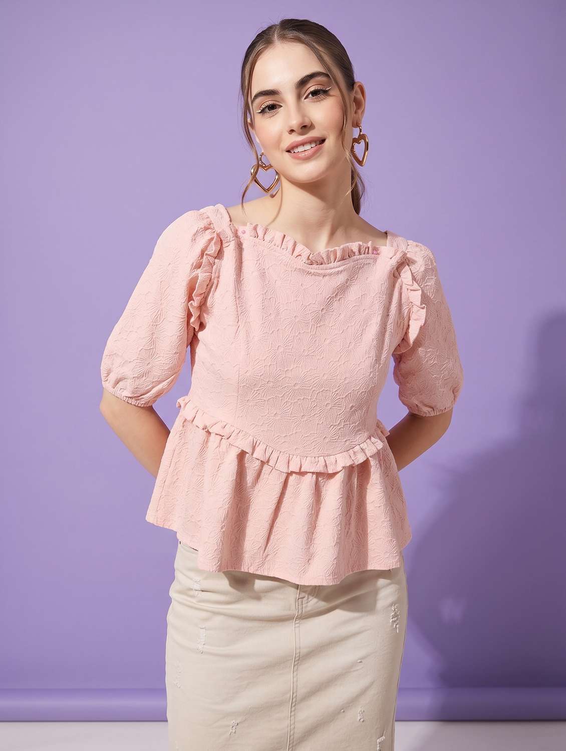 women self design puff sleeve peplum top - 22499451 -  Standard Image - 2