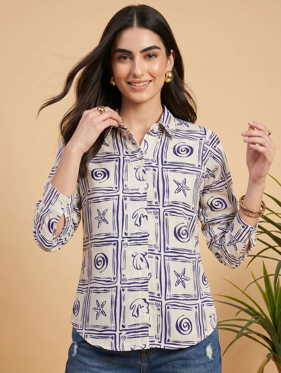 women printed three quarter sleeves shirt - 22499457 -  Standard Image - 2