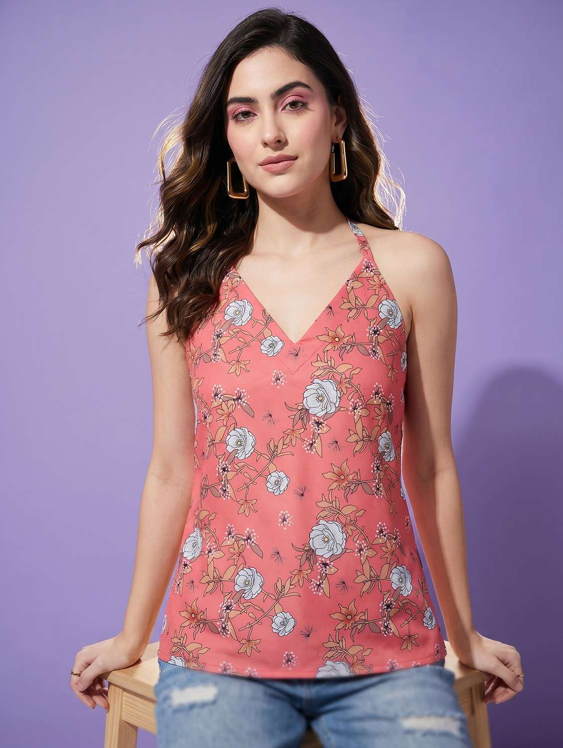 women floral printed halter neck top