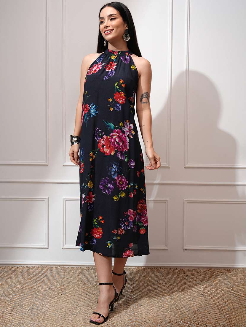 women floral printed halter neck a-line midi dress - 22499491 -  Standard Image - 2