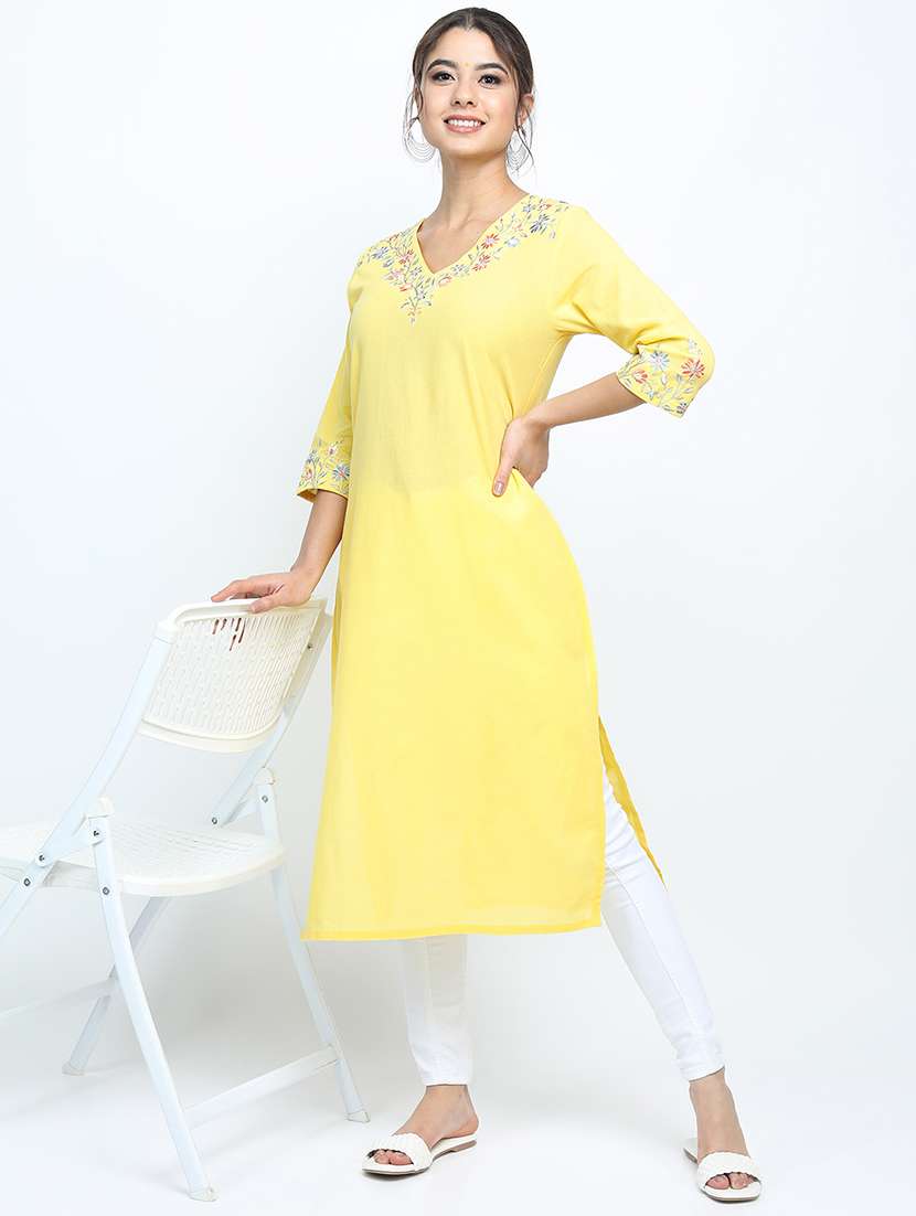 women embroidered v neck straight kurta